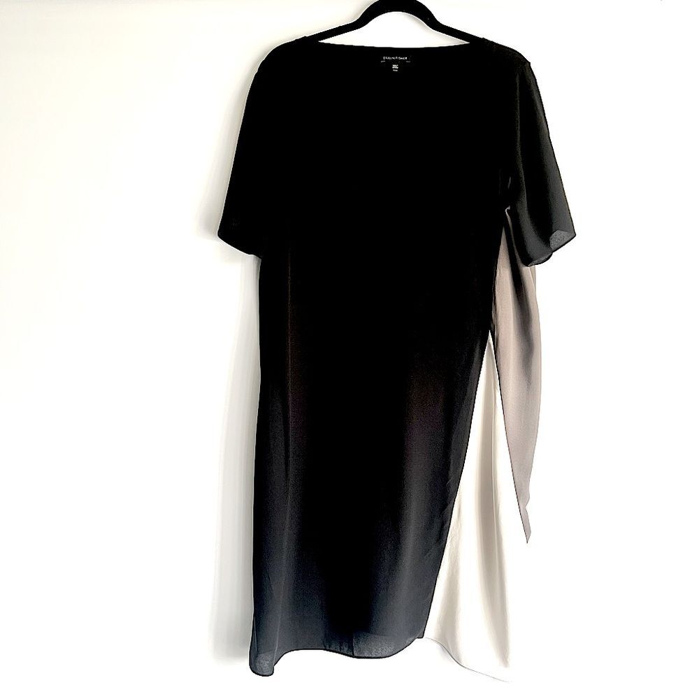 Eileen Fisher Georgette Crepe 100% Silk Black Colorblock Shift Dress Size Medium